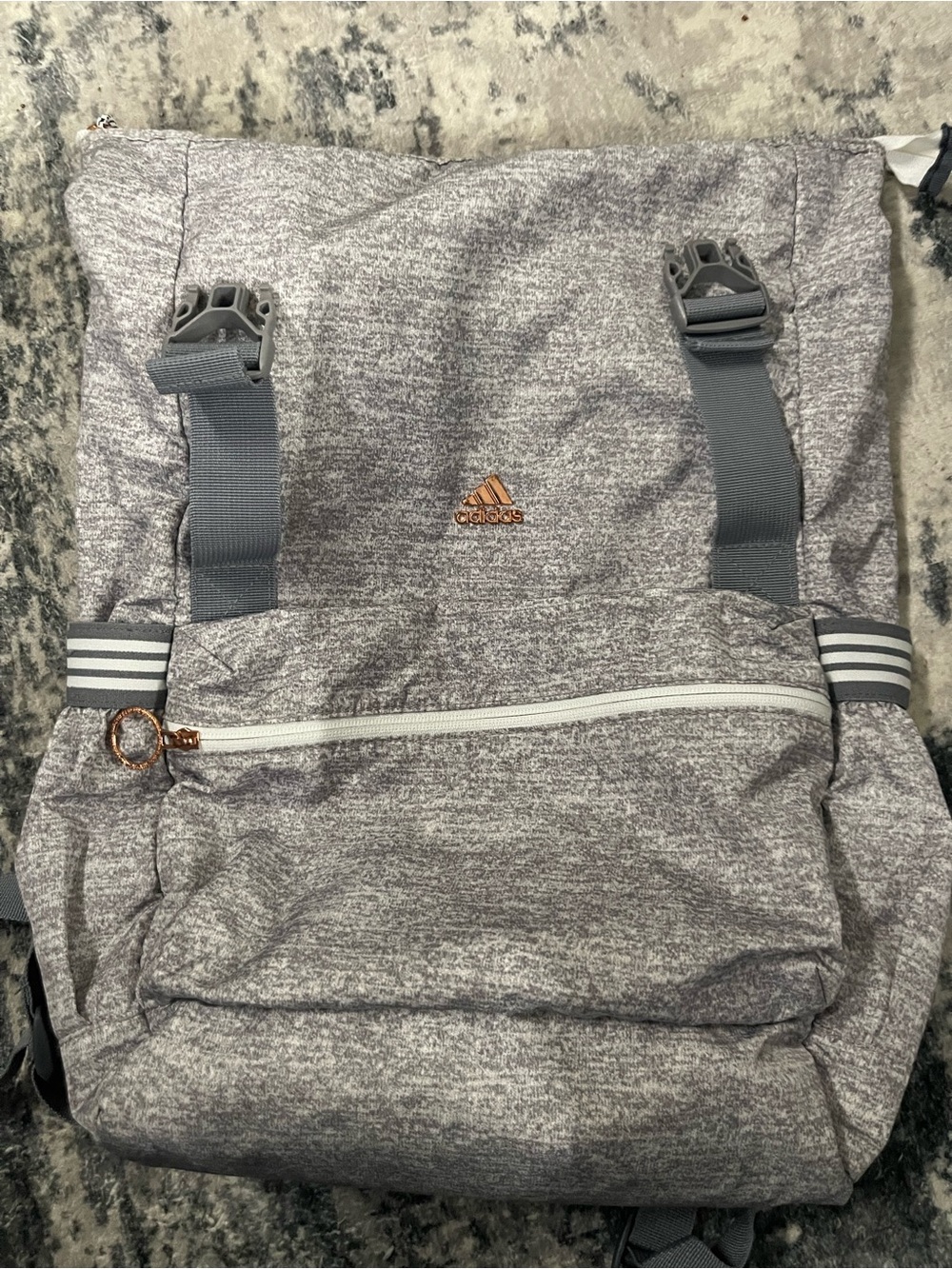 adidas Heather Gray Roll-Top Backpack with Rose Gold Accent never used